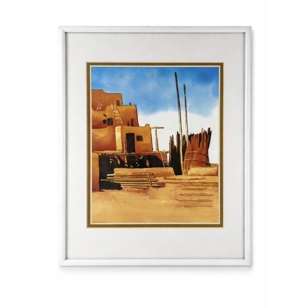 Southwestern Adobe Pueblo Art Print Signed Lundgren 2004 Framed 11.5x14.5